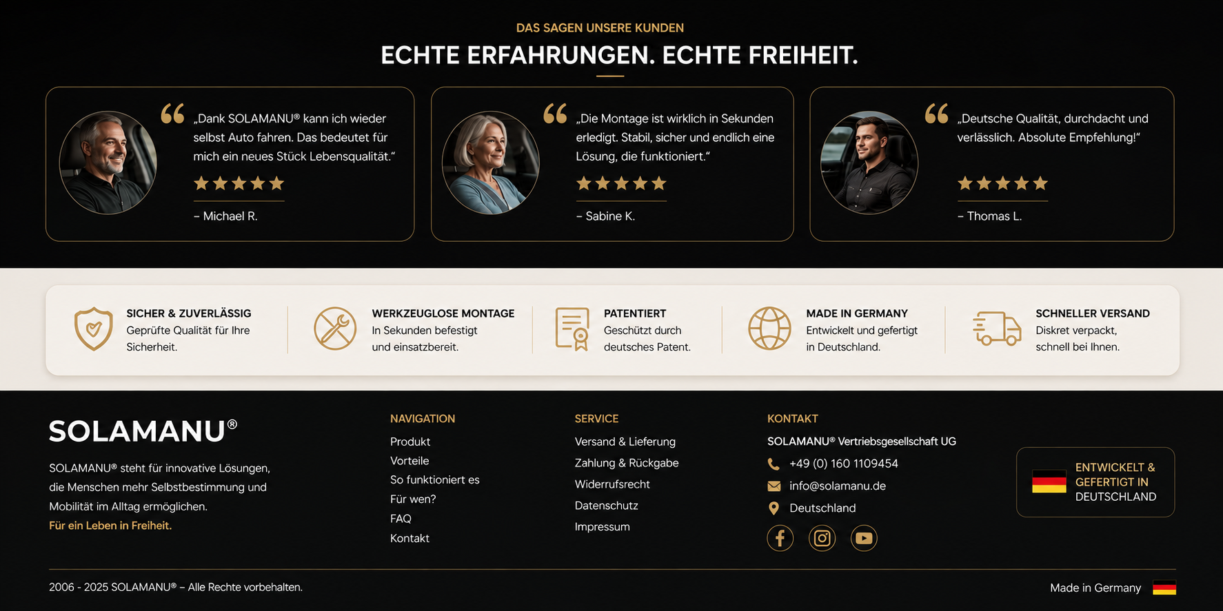 SOLAMANU® Bewertungen, Qualitätsmerkmale und Footer